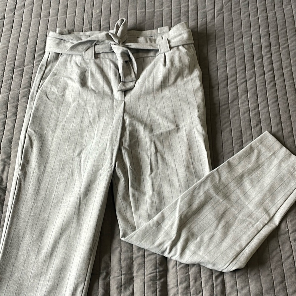Express High Waisted Light Grey Pinstripe Pants with Tie, Size 6
